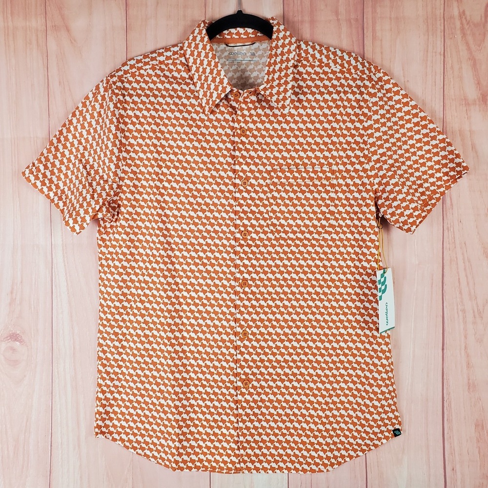 Wellen Performance Shirt Mens Small Orange White‎ Printed Logo Button Up Outdoor